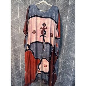 Womens Caftan Dress Fringed Abstract Graphic Art‎ Boho Loungewear Coverup